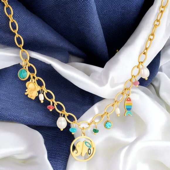 🆕18K Gold Plated Colorful Elephant Turquoise Fish Pearl Charm Necklace + Gift🎁 - Picture 12 of 15